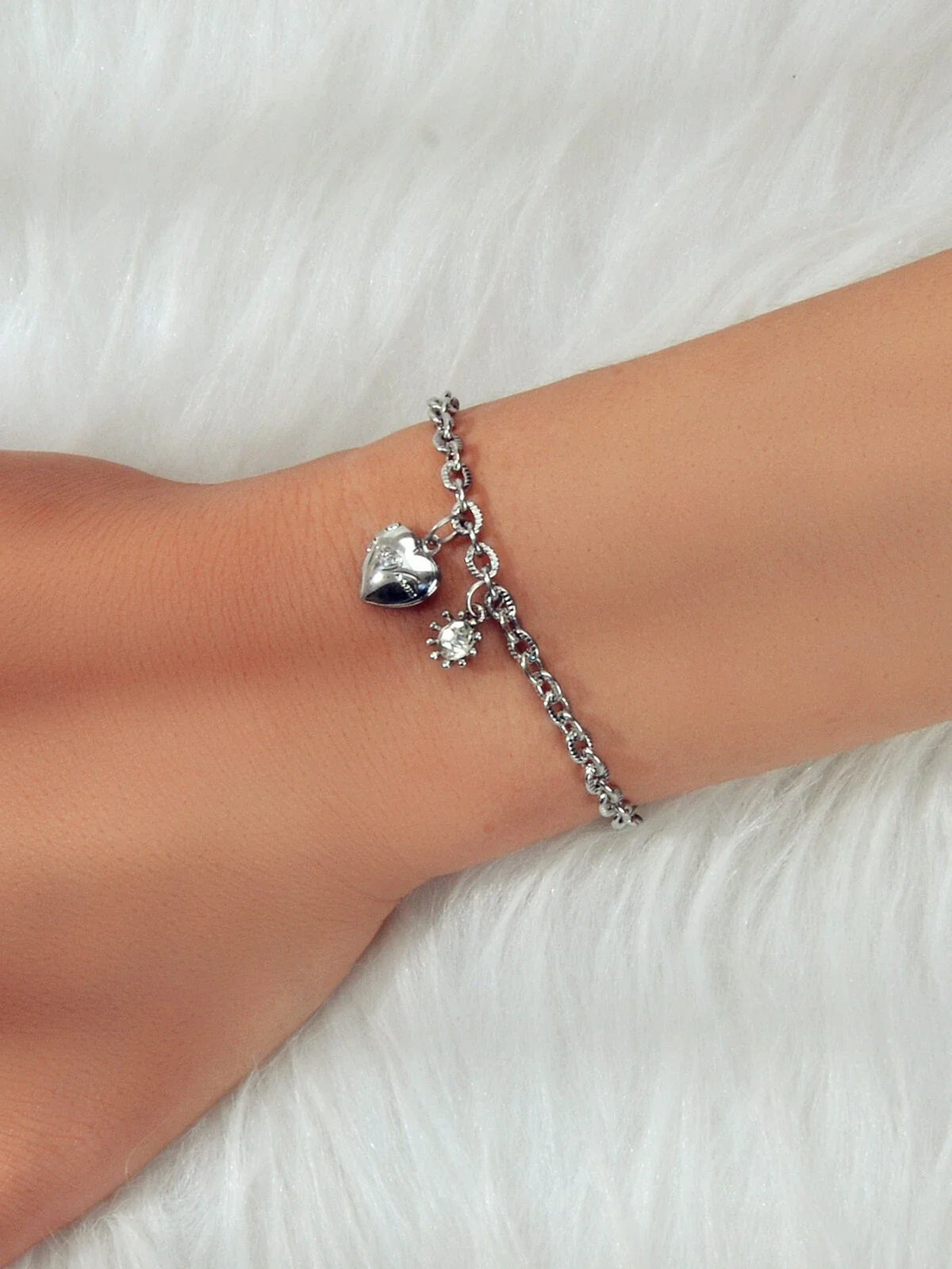Anniversary Wedding Jewellery Silver Chain Rhinestone Decor Heart Charm Bracelet-0