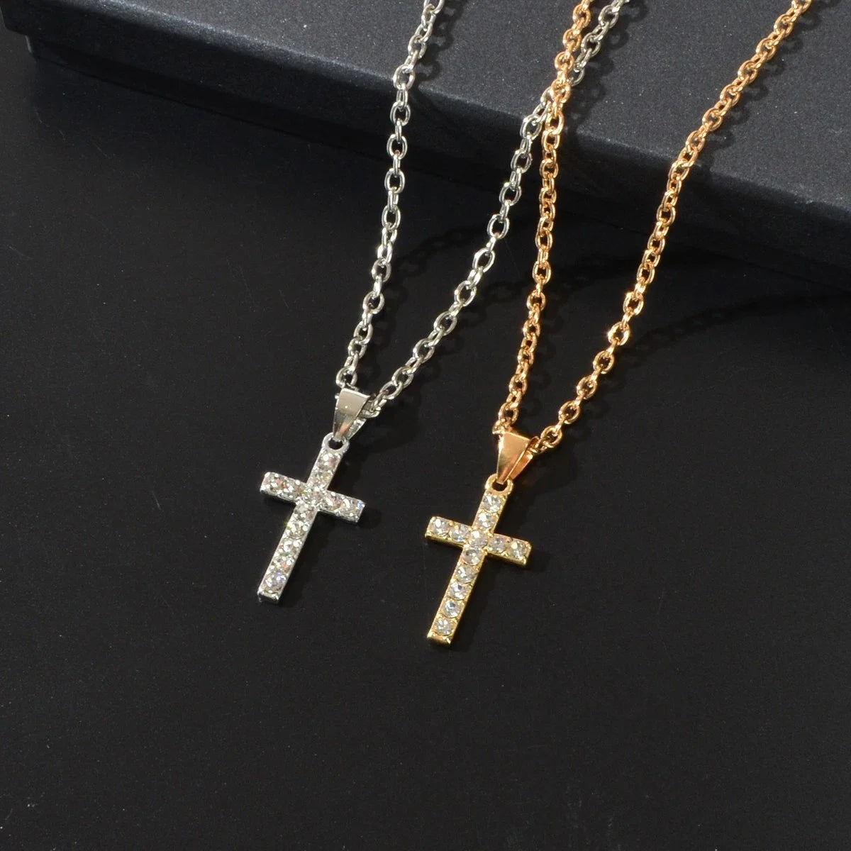 2 pcs Men Gold Silver Chain Rhinestone Decor Cross Pendant Necklaces set-1