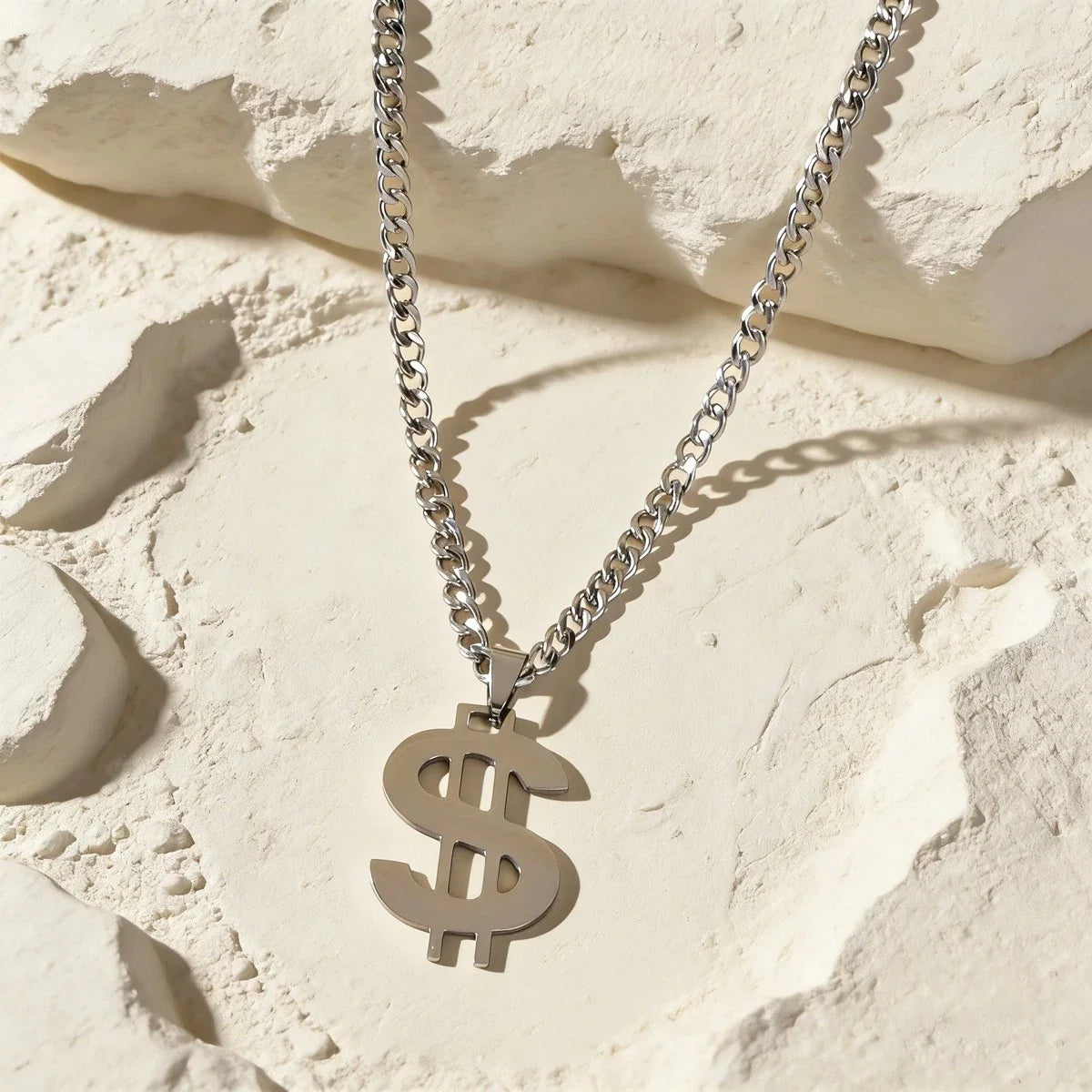 Silver Dollar Sign Pendant Necklace Hip Hop Punk Cuban Link Chain Men Jewellery-1