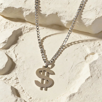 Silver Dollar Sign Pendant Necklace Hip Hop Punk Cuban Link Chain Men Jewellery-1