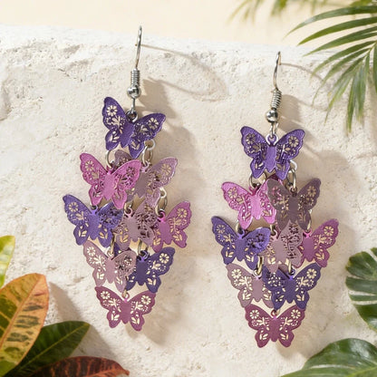 Trendy Summer Vacation Colorful Hollow Multi-level Butterfly Chandelier Earrings-2