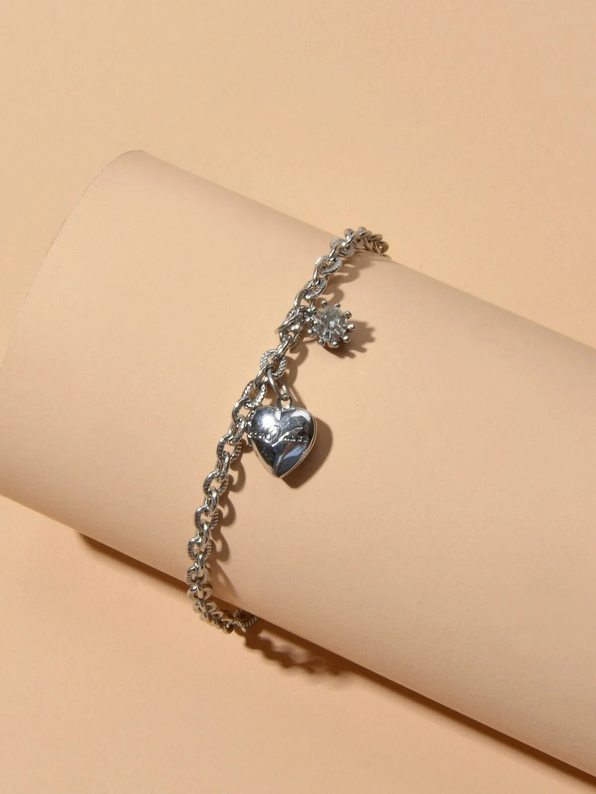 Anniversary Wedding Jewellery Silver Chain Rhinestone Decor Heart Charm Bracelet-1