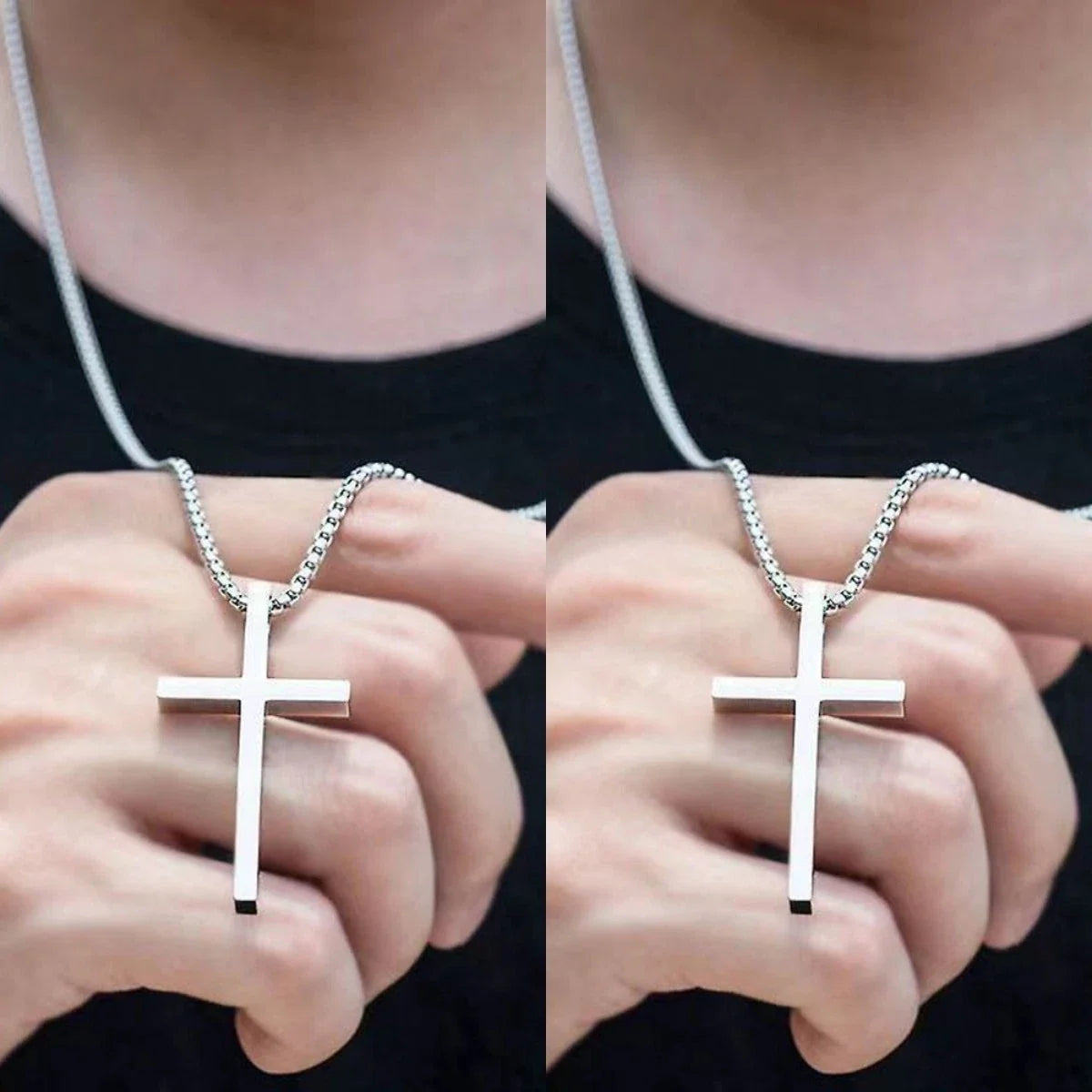 2 pcs Silver Long Chain Cross Pendant Necklace Street Jewelry for Women Men-3