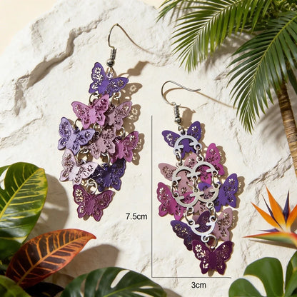 Trendy Summer Vacation Colorful Hollow Multi-level Butterfly Chandelier Earrings-3