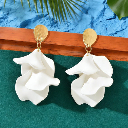 Boho White Petal Flower Dangle Earrings Summer Beach Wedding Vacation Jewellery-3
