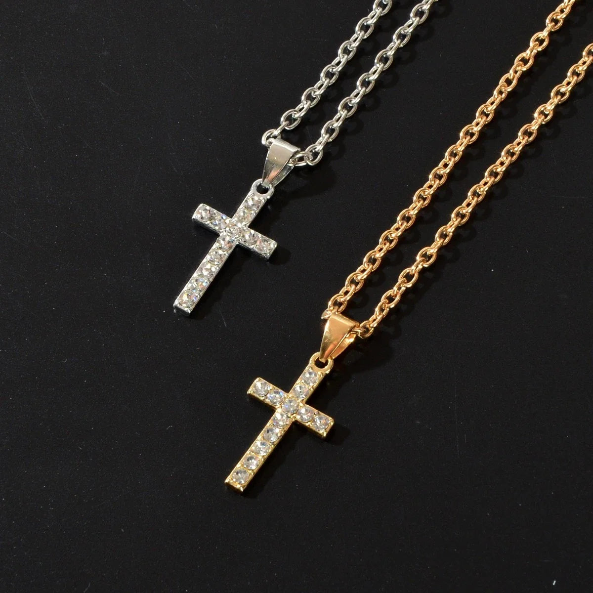 2 pcs Men Gold Silver Chain Rhinestone Decor Cross Pendant Necklaces set-2