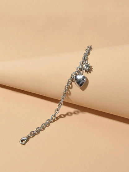 Anniversary Wedding Jewellery Silver Chain Rhinestone Decor Heart Charm Bracelet-2