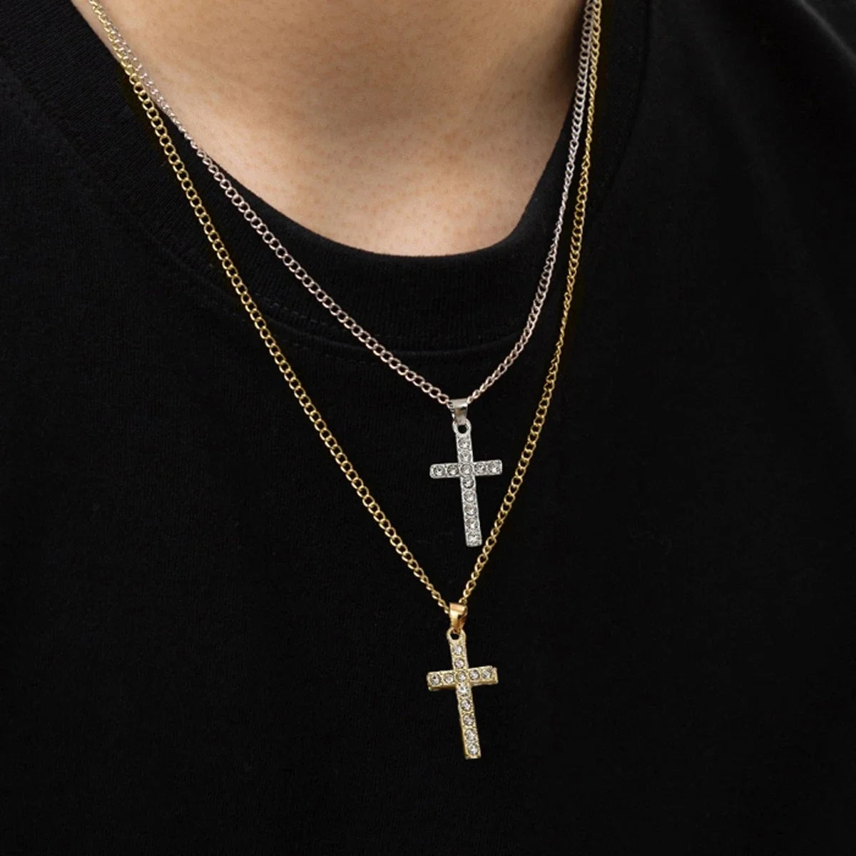 2 pcs Men Gold Silver Chain Rhinestone Decor Cross Pendant Necklaces set-0