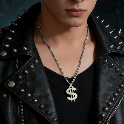 Silver Dollar Sign Pendant Necklace Hip Hop Punk Cuban Link Chain Men Jewellery-3