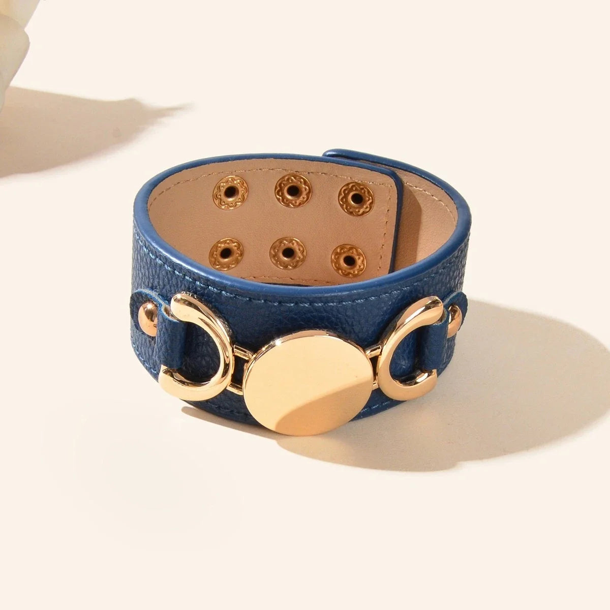 Casual Men's Jewellery Blue PU Leather Gold Metal Buckle Wide Wristband Bracelet-3