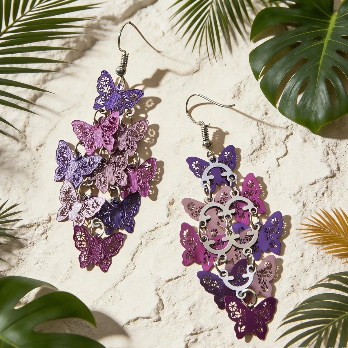 Trendy Summer Vacation Colorful Hollow Multi-level Butterfly Chandelier Earrings-4