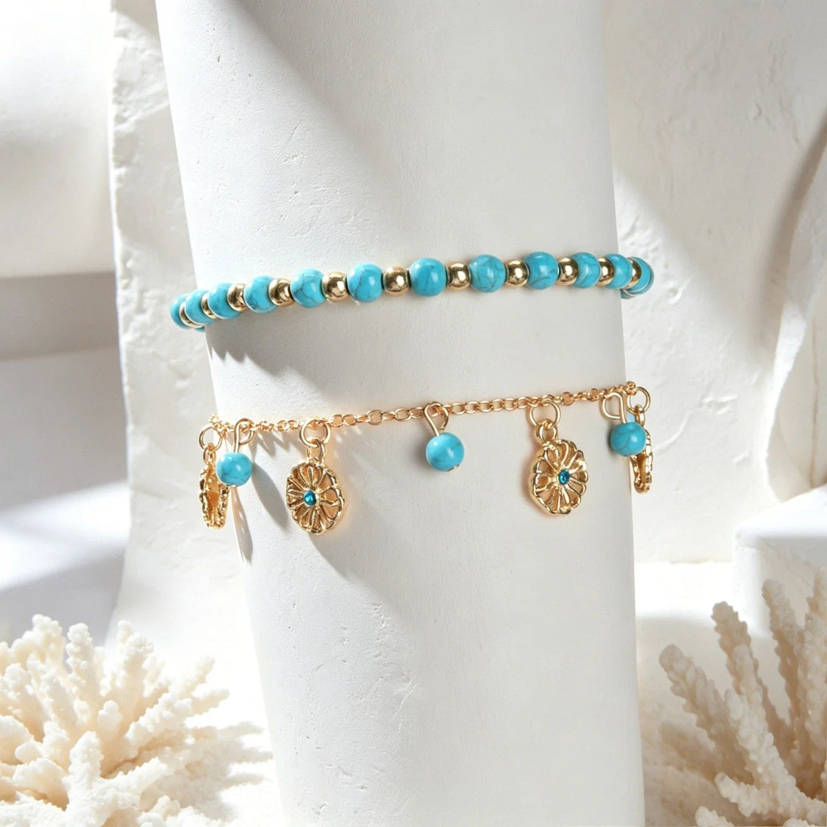 Turquoise Beads Double-Layered Anklet Round Pendant Boho Chic Foot Jewellery