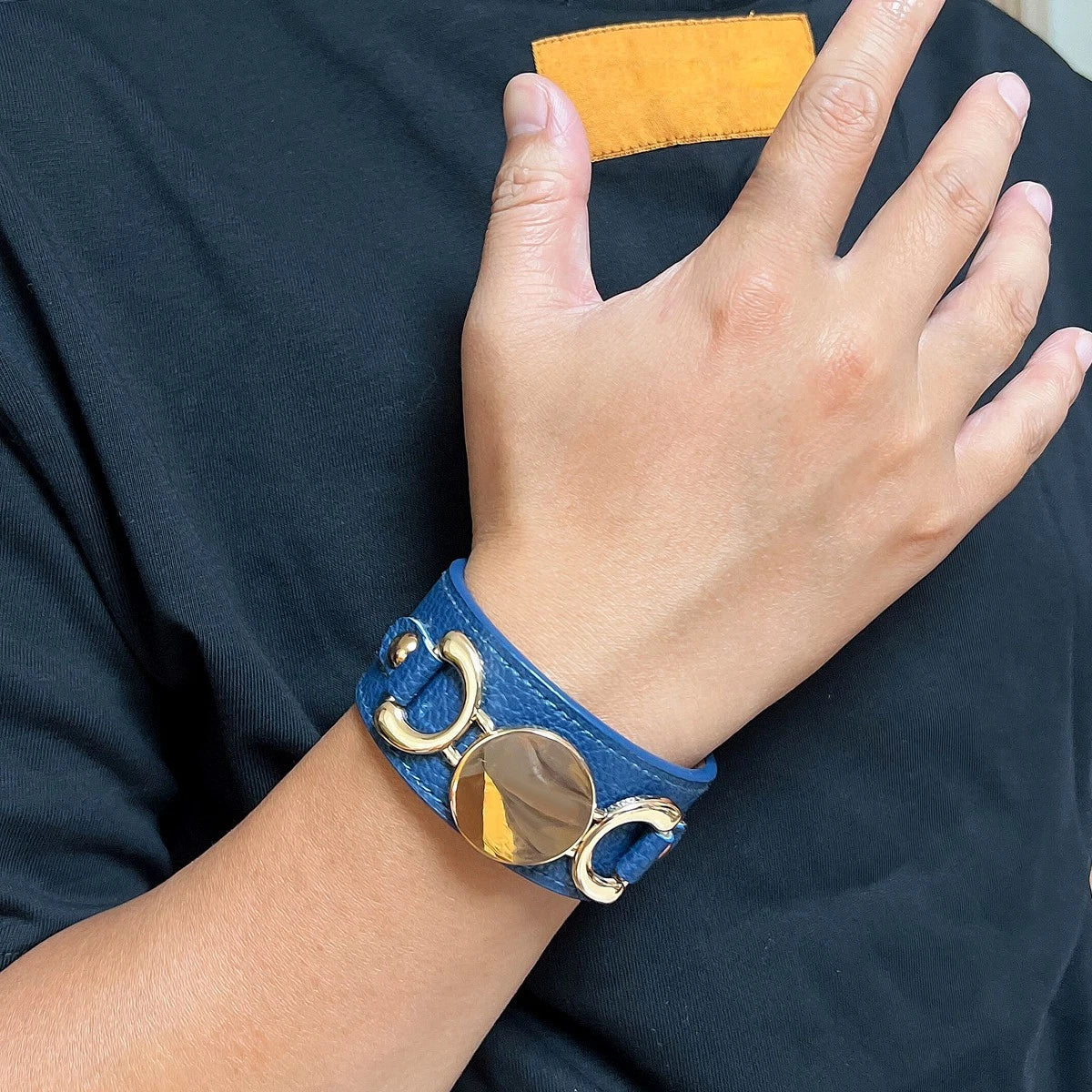 Casual Men's Jewellery Blue PU Leather Gold Metal Buckle Wide Wristband Bracelet-0