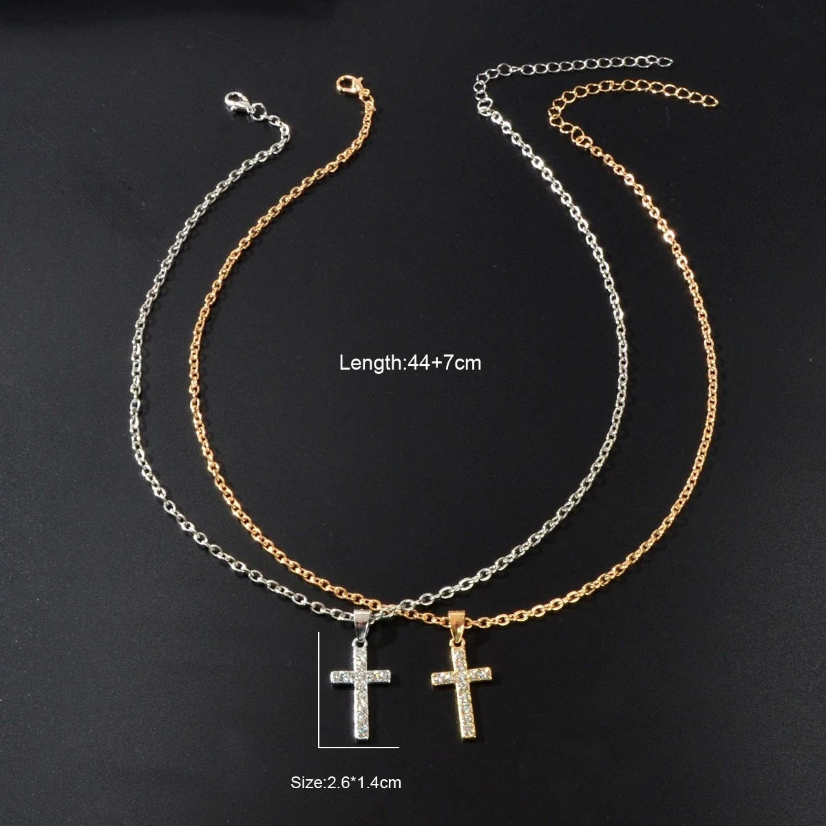 2 pcs Men Gold Silver Chain Rhinestone Decor Cross Pendant Necklaces set-3