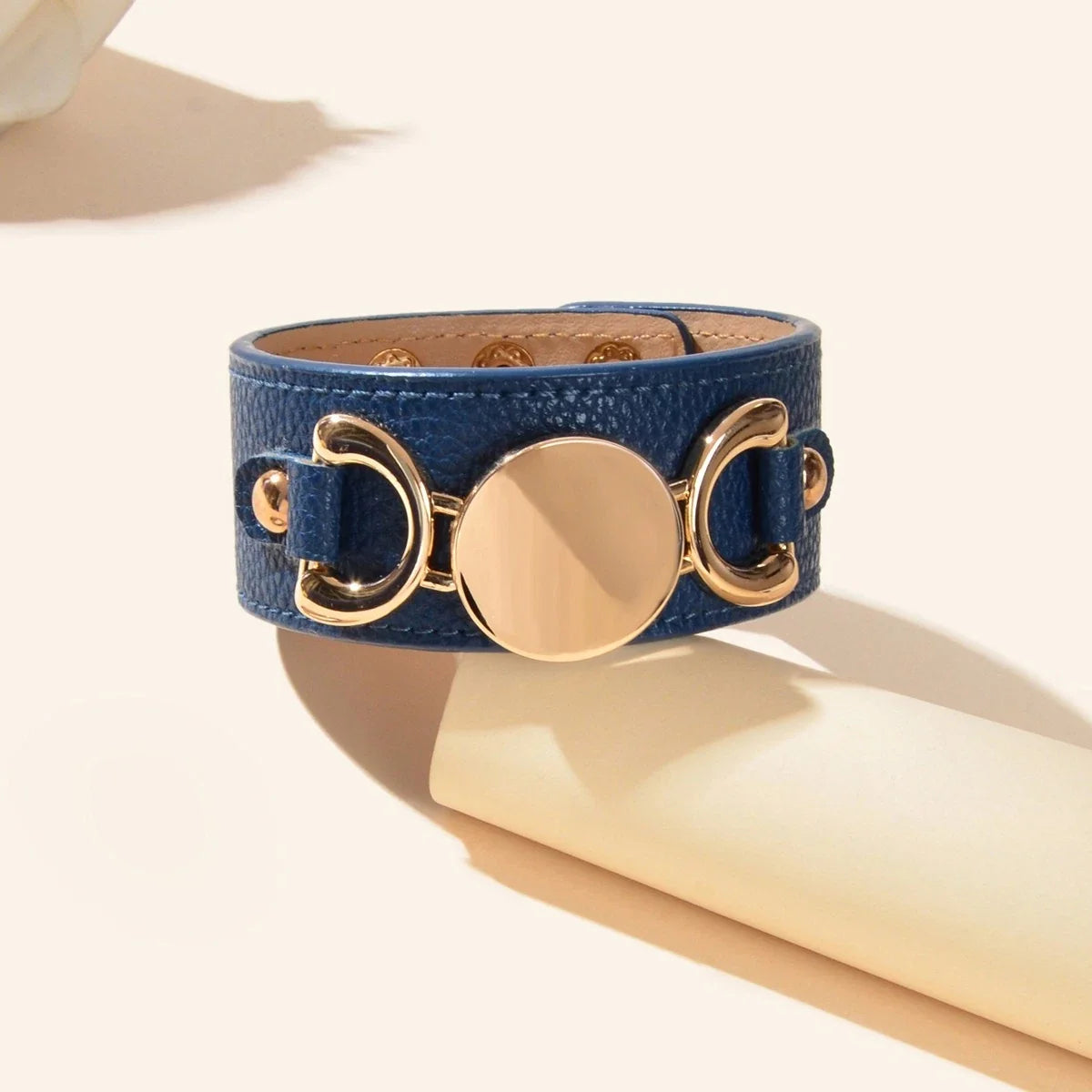 Casual Men's Jewellery Blue PU Leather Gold Metal Buckle Wide Wristband Bracelet-4
