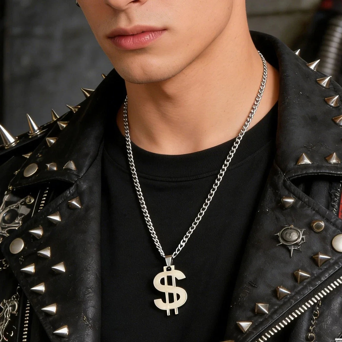Silver Dollar Sign Pendant Necklace Hip Hop Punk Cuban Link Chain Men Jewellery-0
