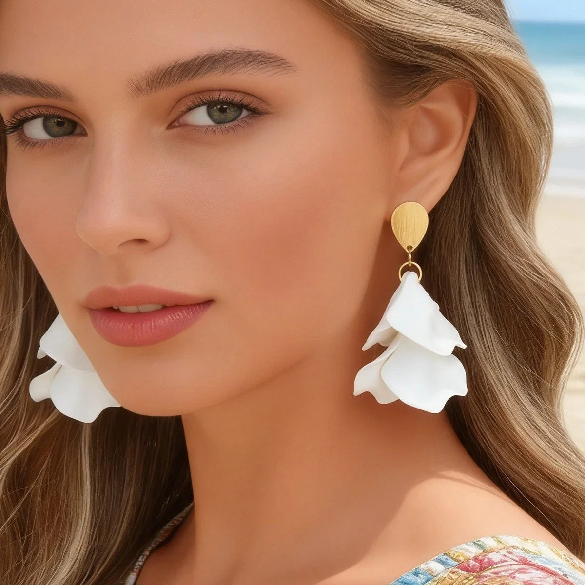 Boho White Petal Flower Dangle Earrings Summer Beach Wedding Vacation Jewellery-0