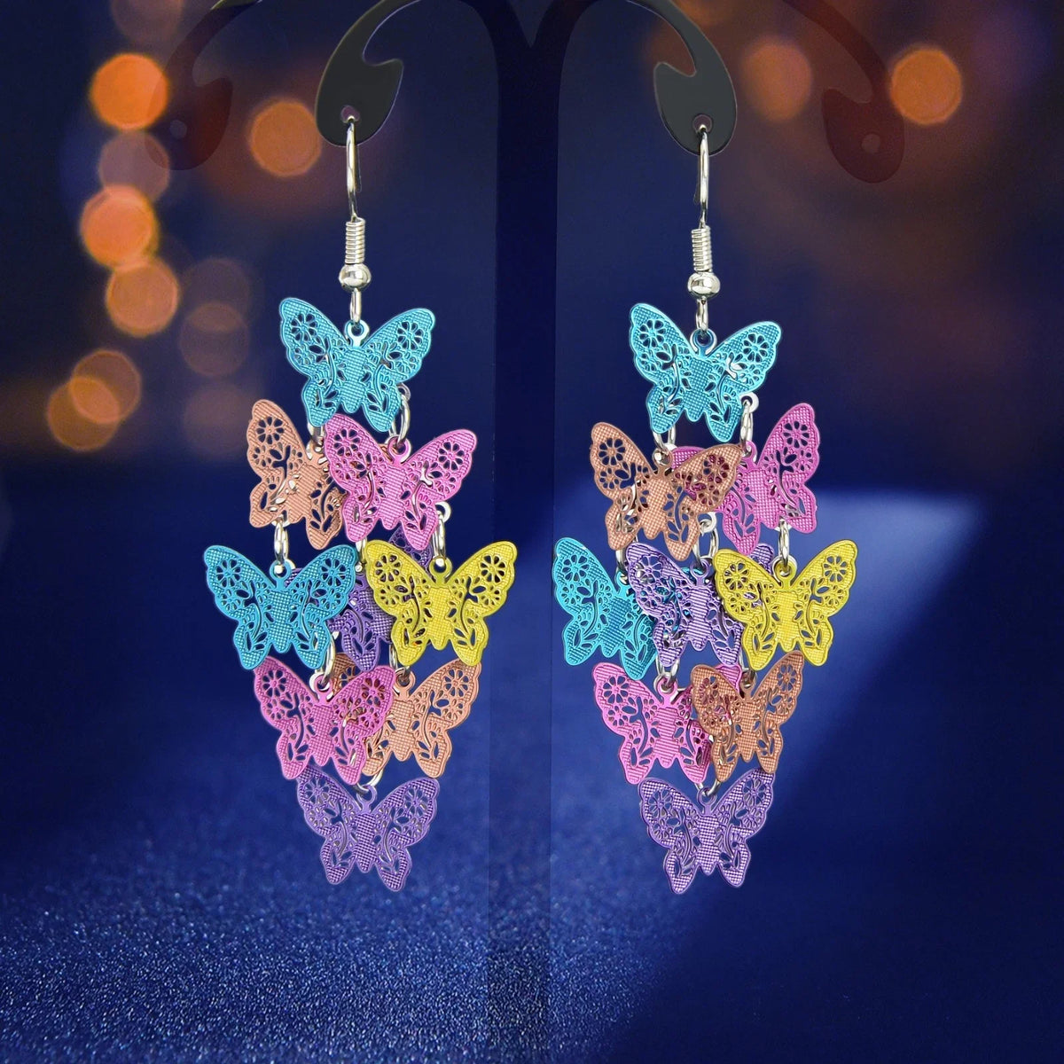 Trendy Summer Vacation Colorful Hollow Multi-level Butterfly Chandelier Earrings-1
