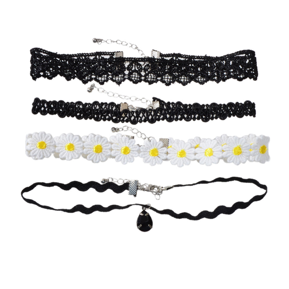 4 pcs Gothic White Black Flower Tattoo Choker Necklace Retro Punk 90s Collar-4